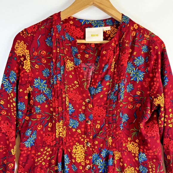 Maeve by Anthropologie Blouse Women's Medium Red Floral Button Front Long Sleeve - Picture 2 of 13